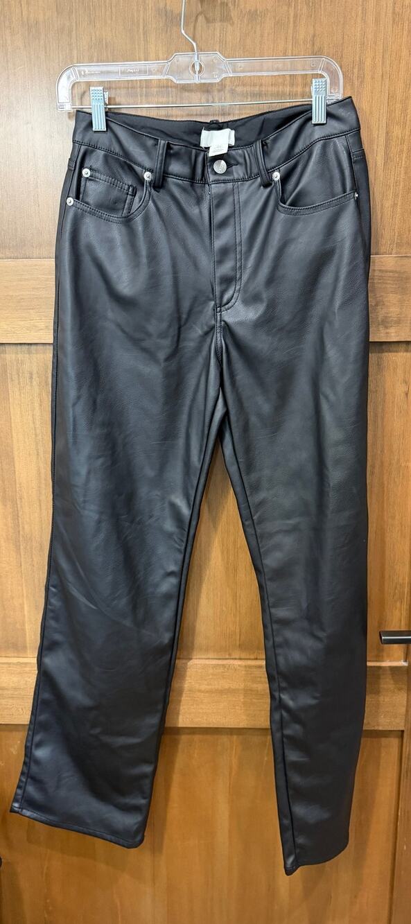 H&M Womens 8 Black Faux Leather Pants High Waisted Straight Leg Vegan Coated